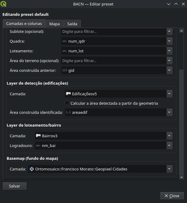 Editor de preset: mapeamento de camadas e colunas (quadra, lote, área construída anterior e detectada, basemap).