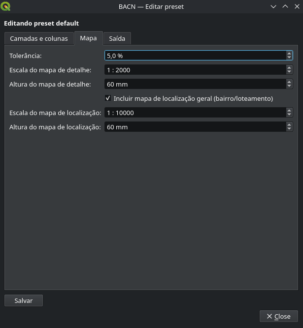 Editor de preset: tolerância percentual, escalas dos mapas de detalhe e de localização geral.