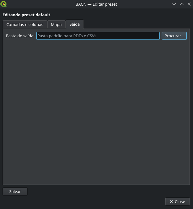 Editor de preset: configuração da pasta de saída para PDFs e CSVs.