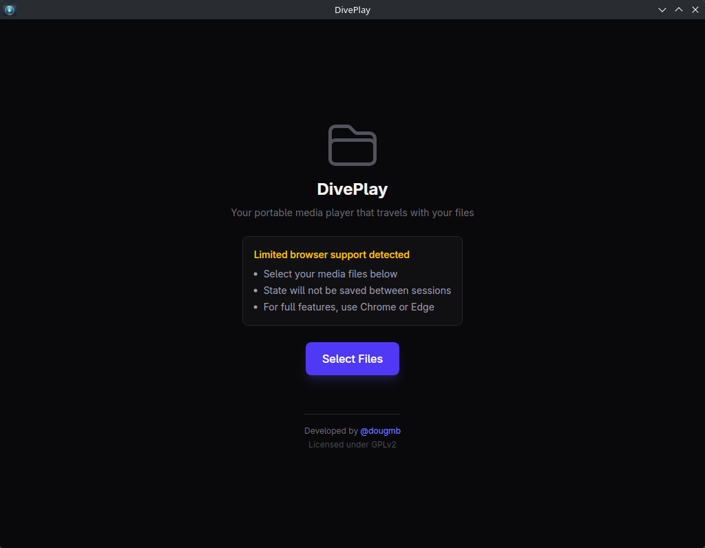 Modo fallback para navegadores com suporte limitado (Firefox/Safari): seleção individual de arquivos.