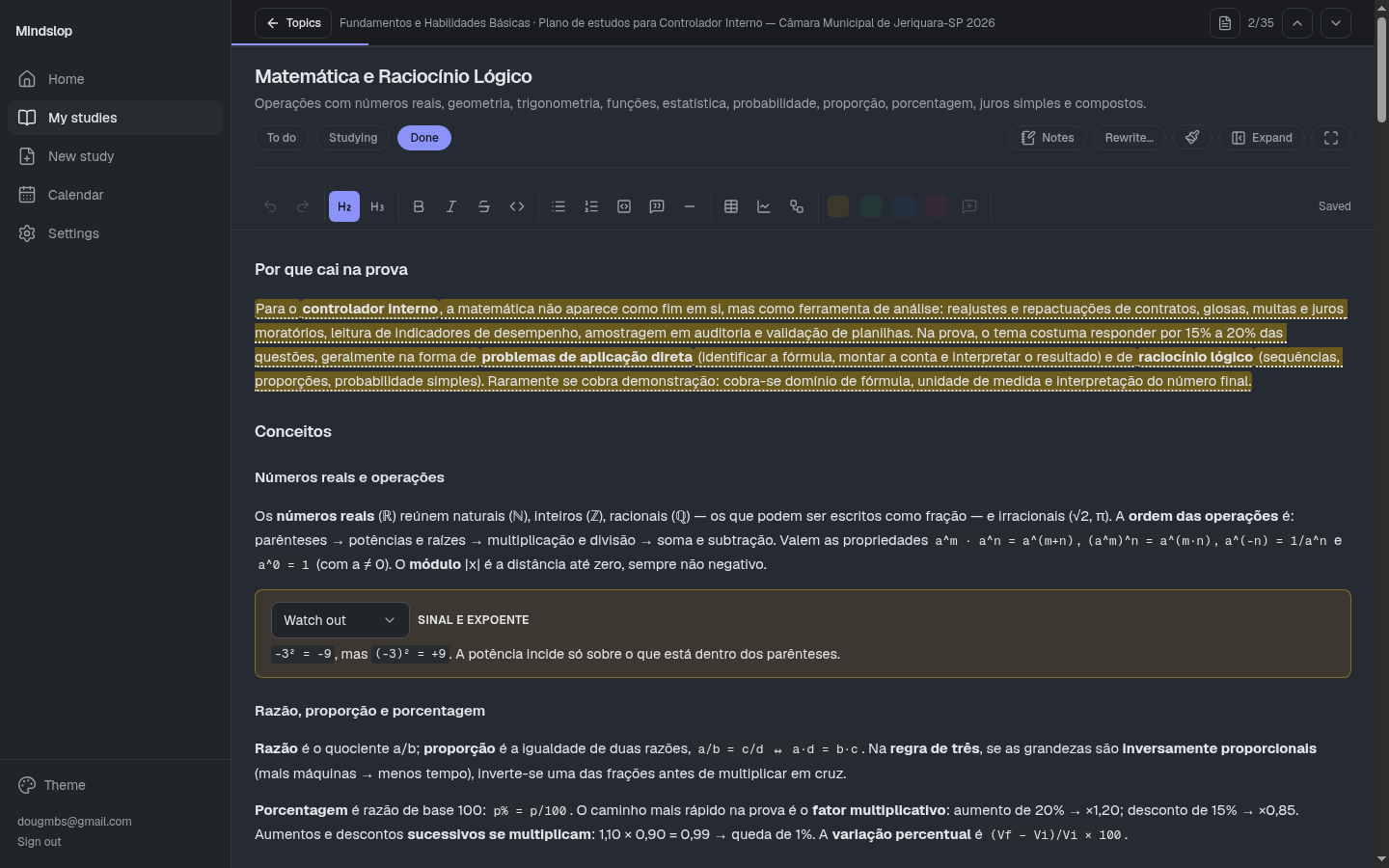 Leitor imersivo de tópicos — editor com formatação rica, anotações, sínteses geradas por IA, fórmulas e destaques de prova.