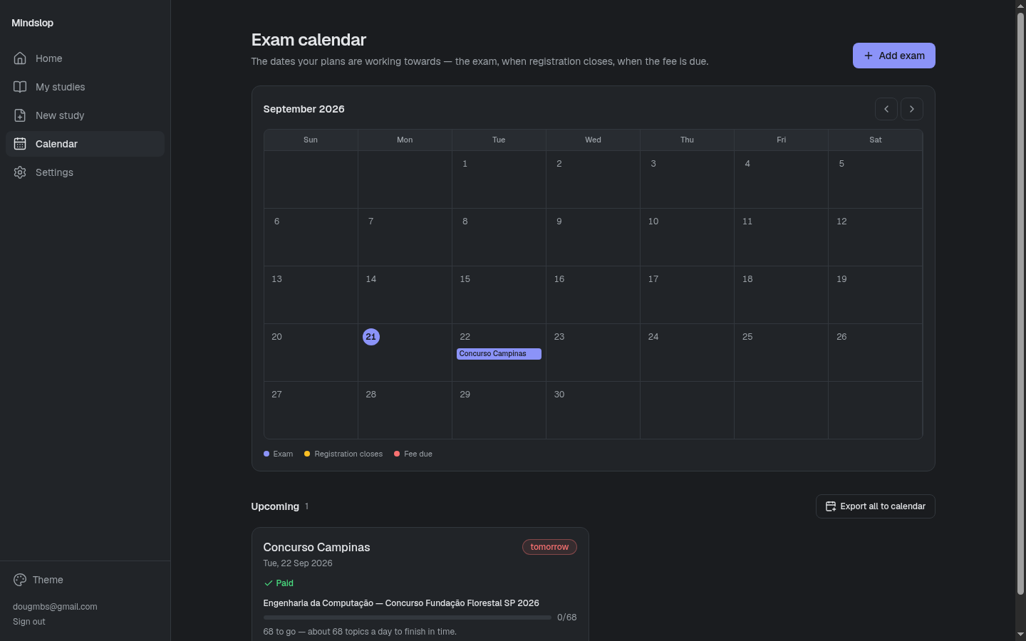 Calendário de exames — visualização mensal com datas da prova, encerramento de inscrições e vencimento de taxas.
