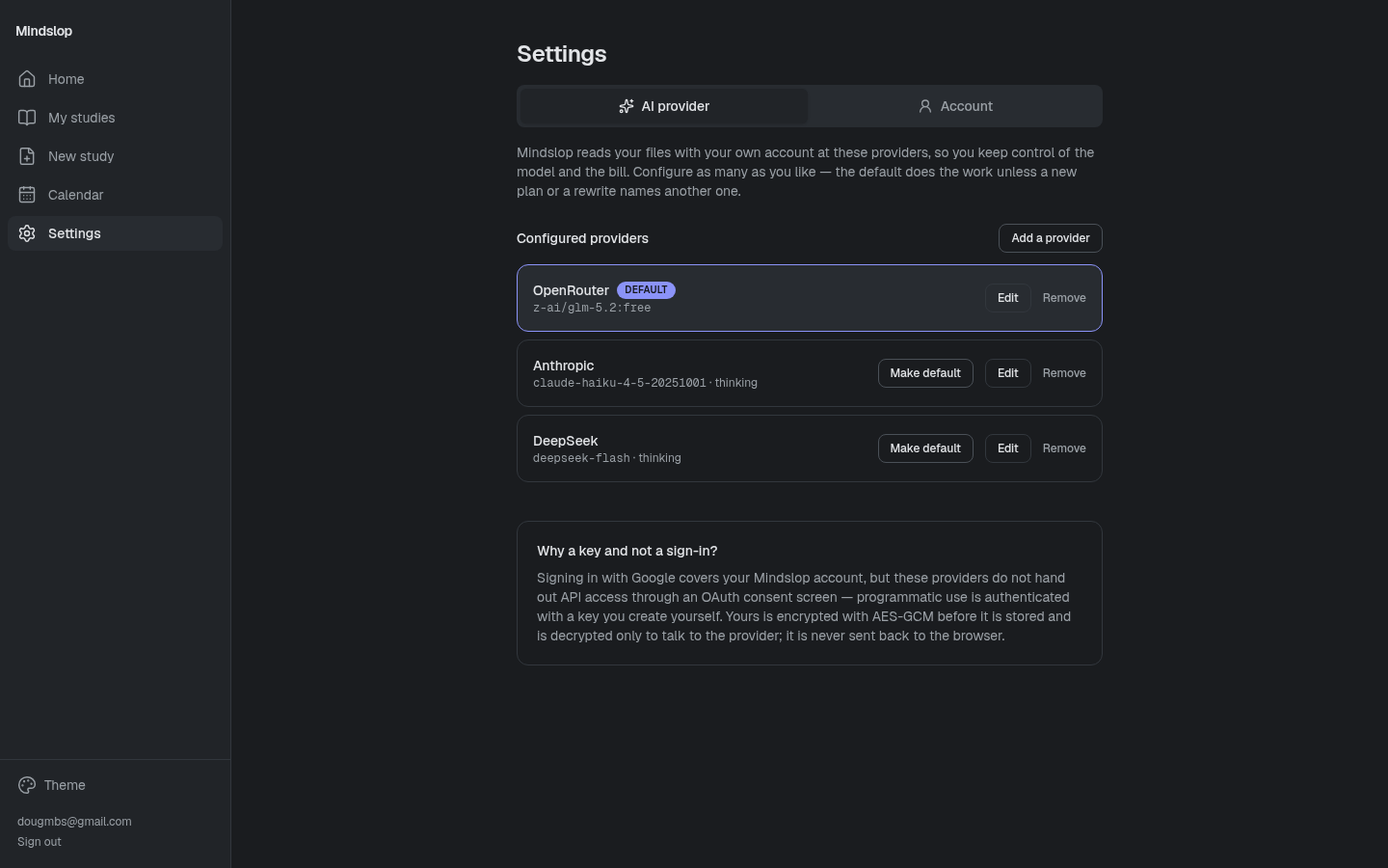Configurações BYOK — múltiplos provedores de IA (OpenRouter, Anthropic, DeepSeek, etc.) com chaves criptografadas em repouso.