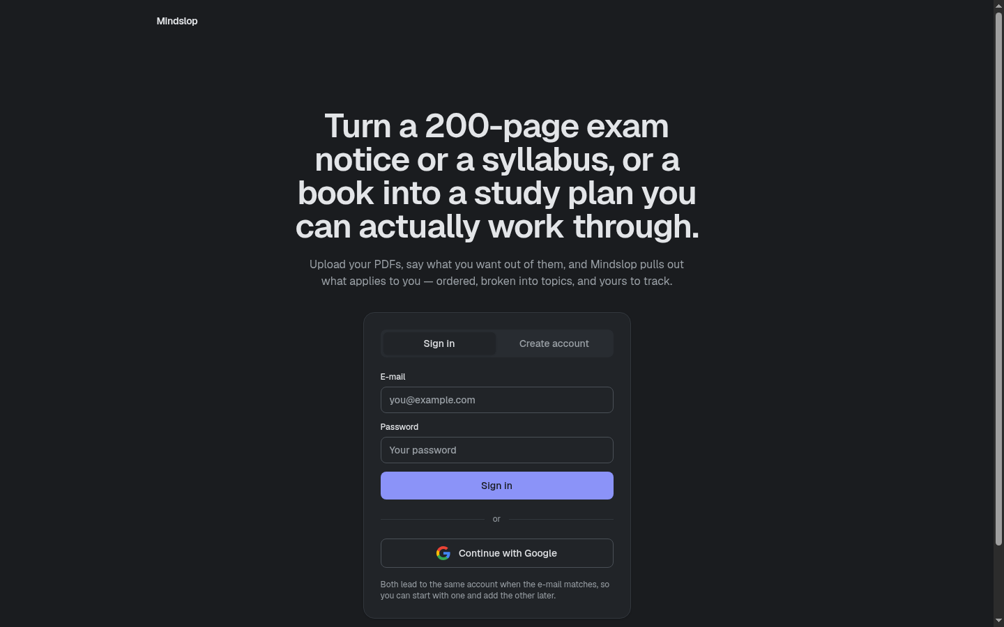 Tela inicial / login — autenticação segura com Google OAuth ou credenciais de e-mail.