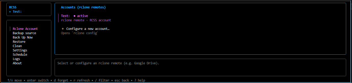 Contas isoladas por remote do rclone, com configuração e troca pela própria interface.
