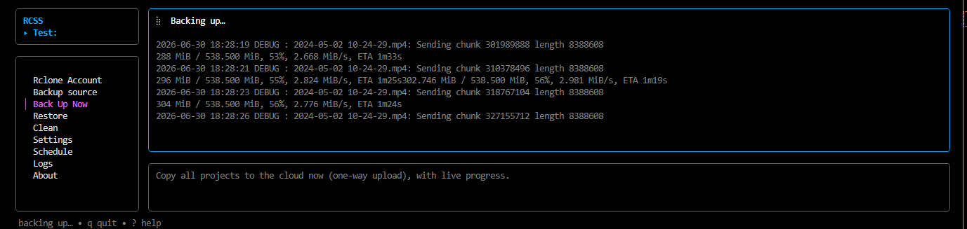 Upload em execução com progresso e saída detalhada do rclone em tempo real.
