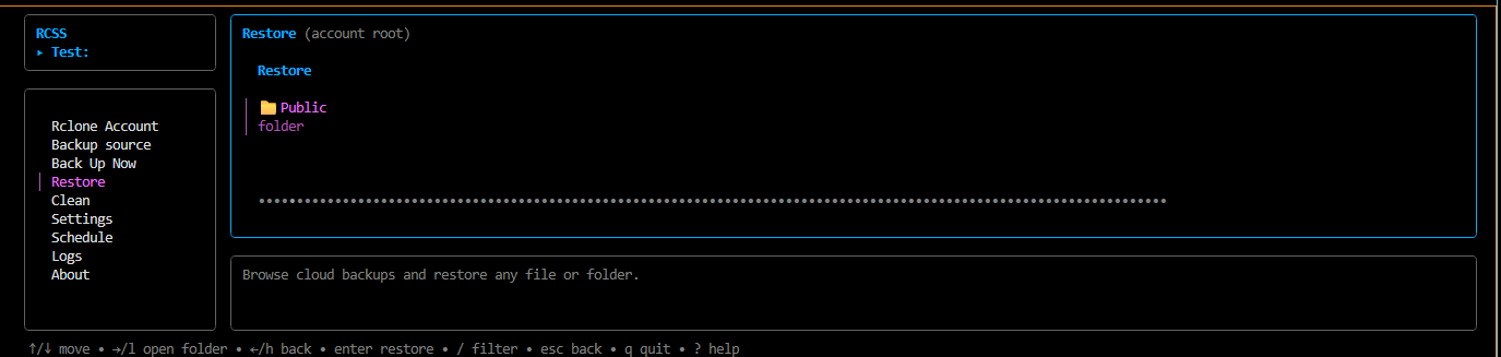 Navegação pelos backups remotos para restaurar arquivos ou pastas.