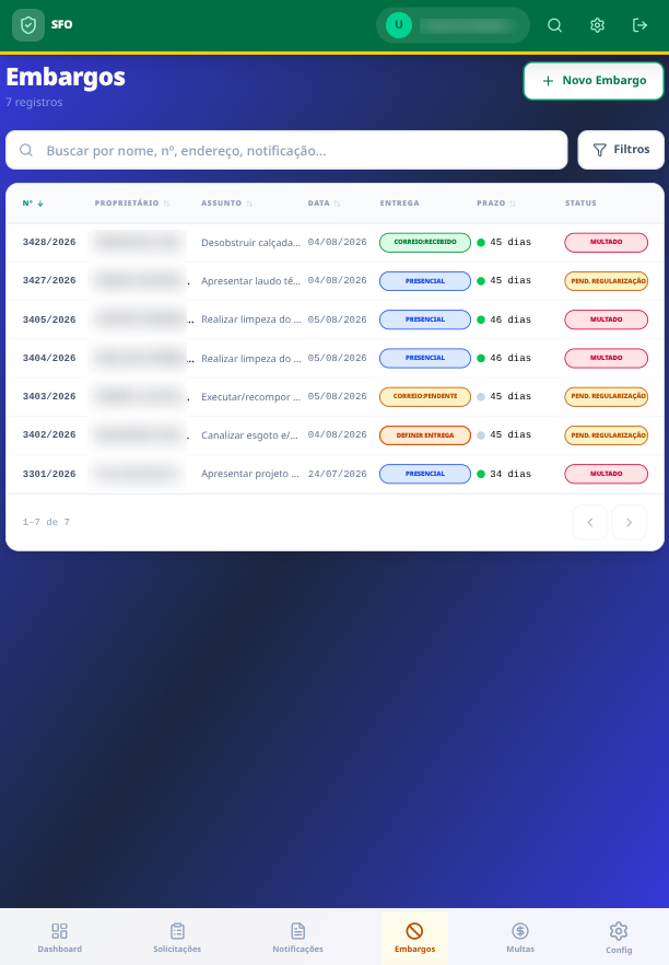 Embargos — lista com tipo de entrega, prazo e status herdados da notificação de origem.
