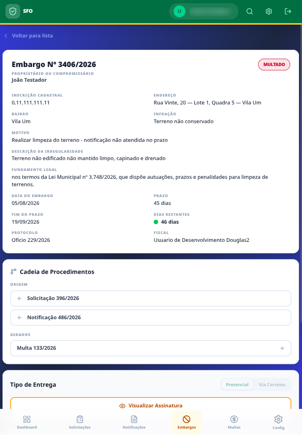 Detalhe do embargo — motivo, fundamento legal, dias restantes e a cadeia completa (solicitação → notificação → multa).