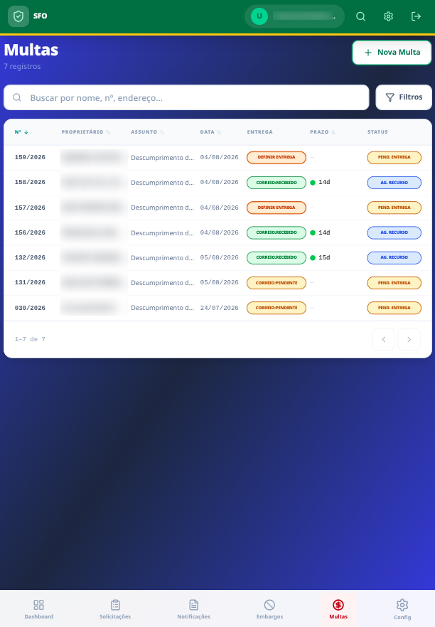 Multas — status de entrega e janela de recurso por registro.