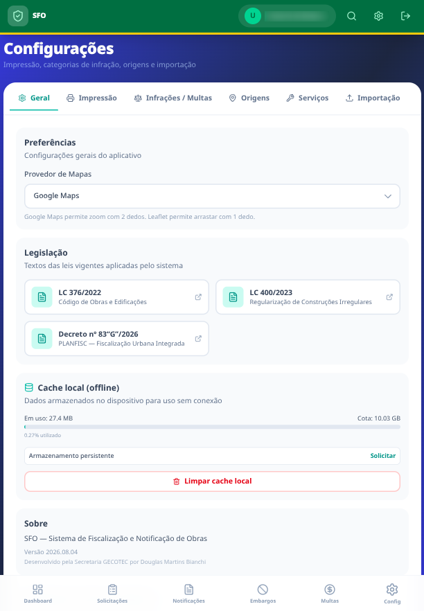 Configurações · Geral — provedor de mapas, legislação vigente aplicada pelo sistema e cache local offline com cota e armazenamento persistente.