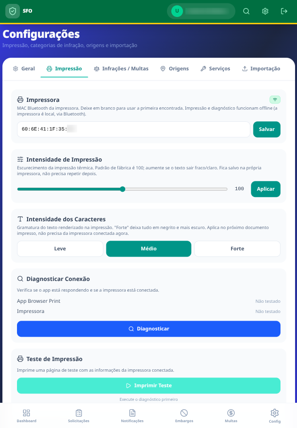 Configurações · Impressão — MAC Bluetooth da Zebra, intensidade de impressão térmica e gramatura dos caracteres.
