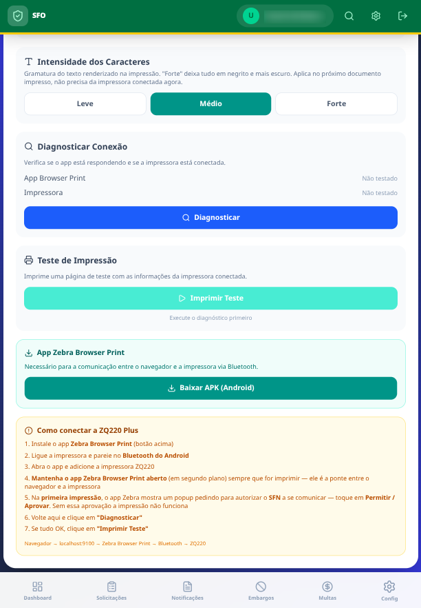 Configurações · Impressão — diagnóstico de conexão, teste de impressão, APK do Zebra Browser Print e guia de pareamento da ZQ220.