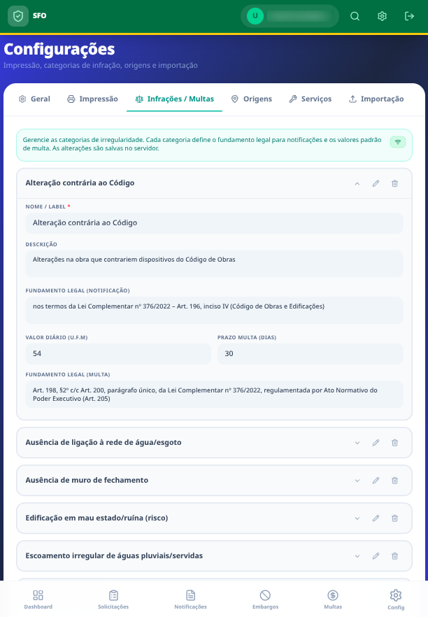 Configurações · Infrações/Multas — categorias com descrição, fundamento legal separado para notificação e multa, valor diário em U.F.M e prazo.