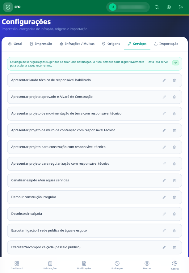Configurações · Serviços — catálogo de ações sugeridas ao criar a notificação.