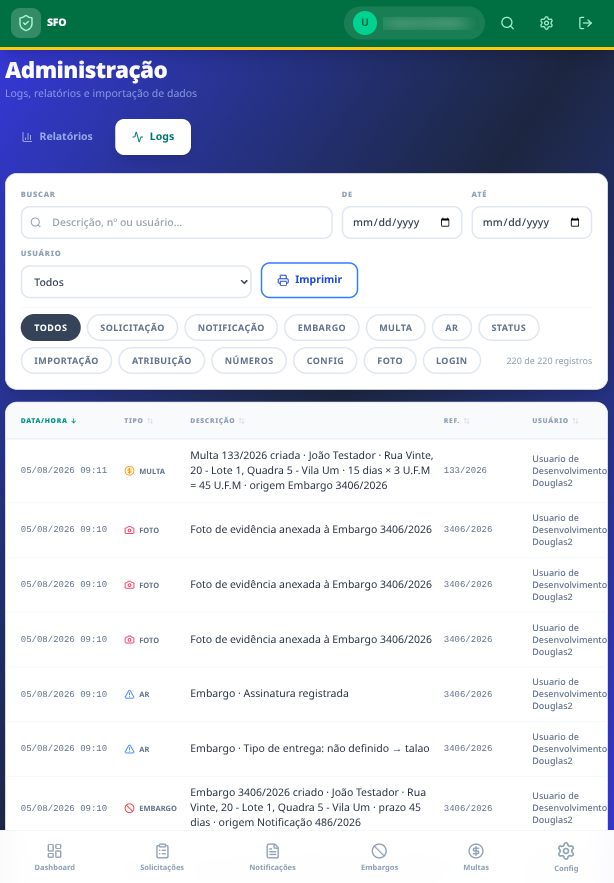 Administração · Logs — trilha de auditoria filtrável por tipo de evento, período e usuário, com impressão.