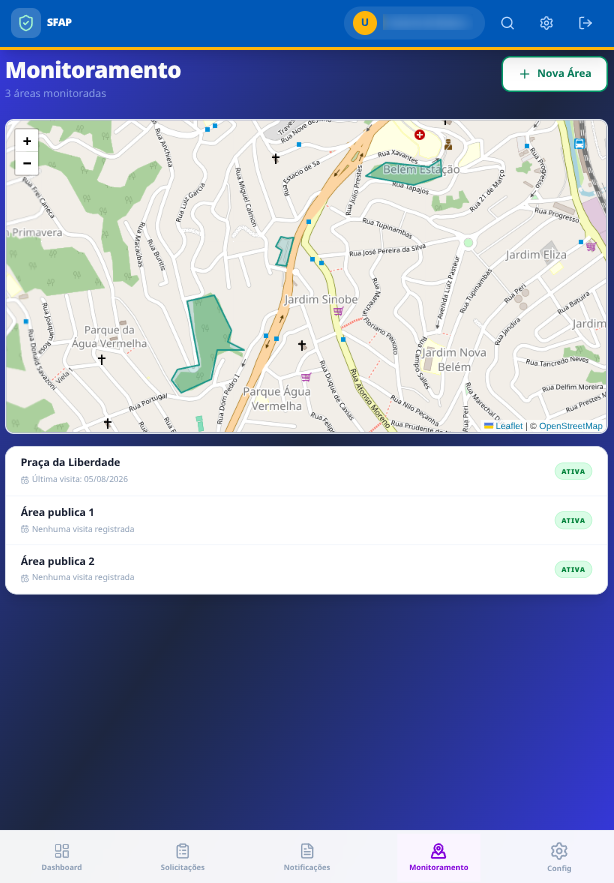 SFAP (Área Pública) · Monitoramento — áreas fiscalizadas periodicamente em mapa Leaflet, com registro da última visita.